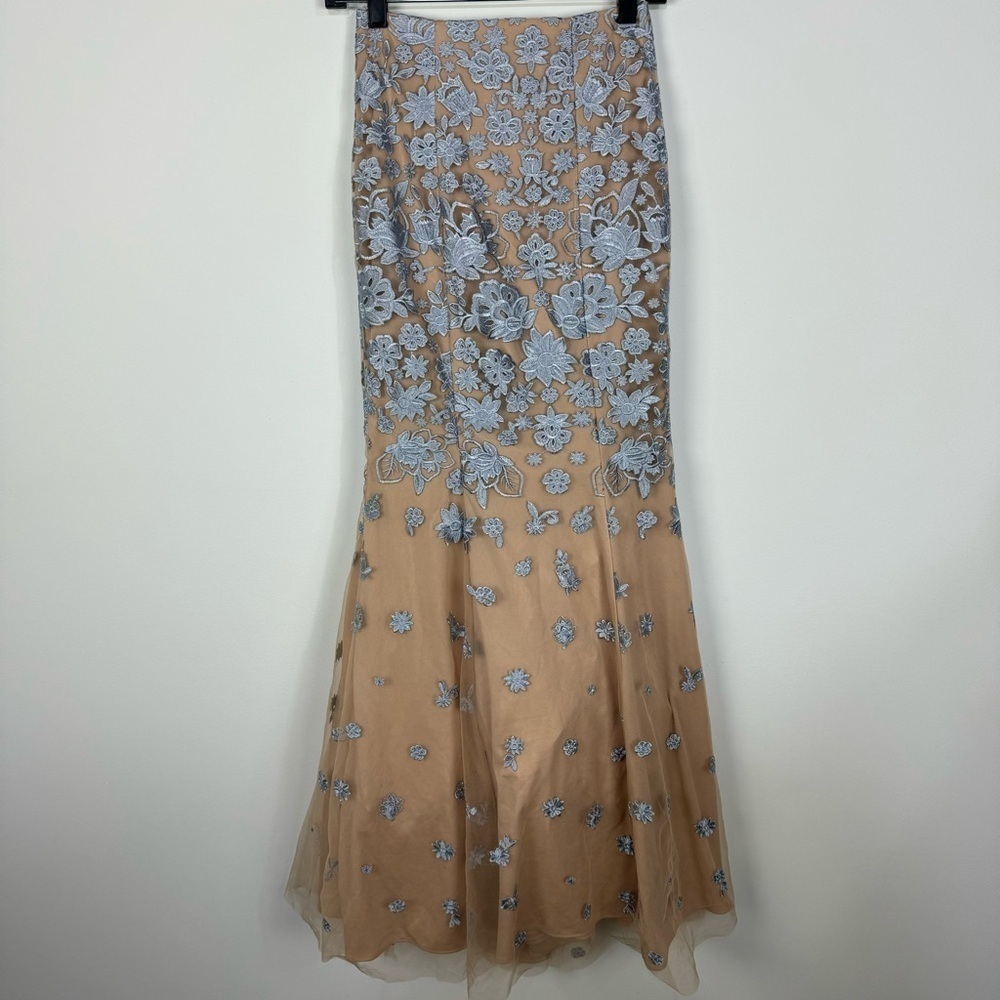 Xscape Tan & Baby Blue Floral Lace Strappless Gown Dress Prom Party Cocktail